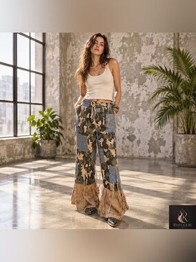 NWT Boho Patchwork Vintage Wide-Leg Pants in Camo & Tan Side Ties A Rare Bird